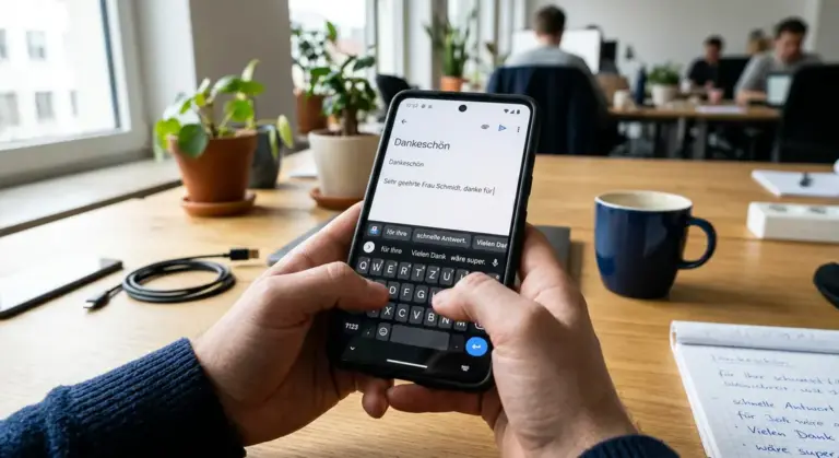 Gboard KI, Tastatur-AI – Gboard KI auf Android-Smartphone zeigt Tastatur-AI-Vorschläge beim Tippen einer E-Mail