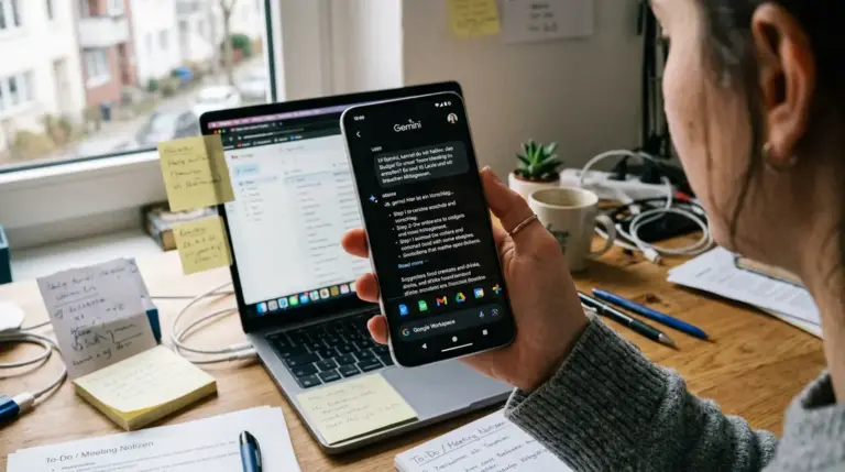 Gemini, App – Gemini App auf Android-Smartphone mit Google Workspace im Hintergrund