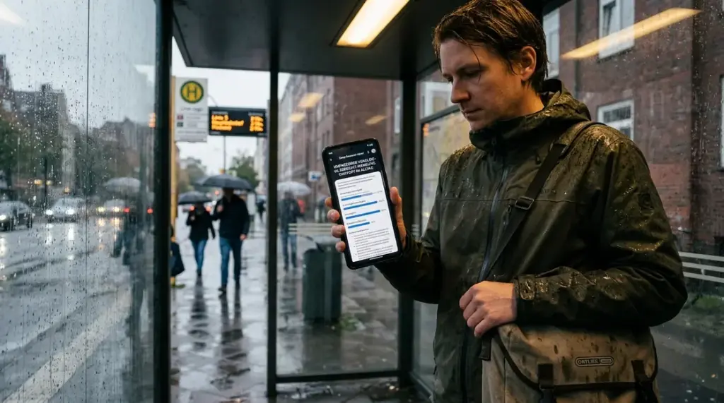 Gemini, ChatGPT – Person nutzt Gemini Deep Research auf dem Smartphone an verregneter Bushaltestelle