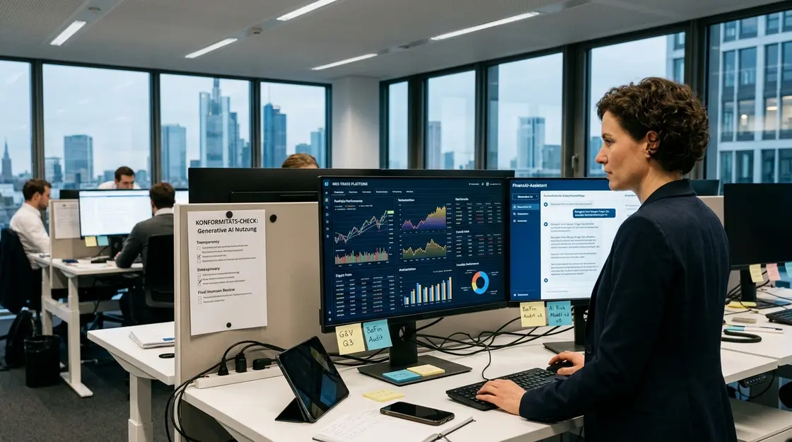 Generative AI, FinTech Margin – Finanzanalystin arbeitet mit Generative AI Dashboard im FinTech-Büro