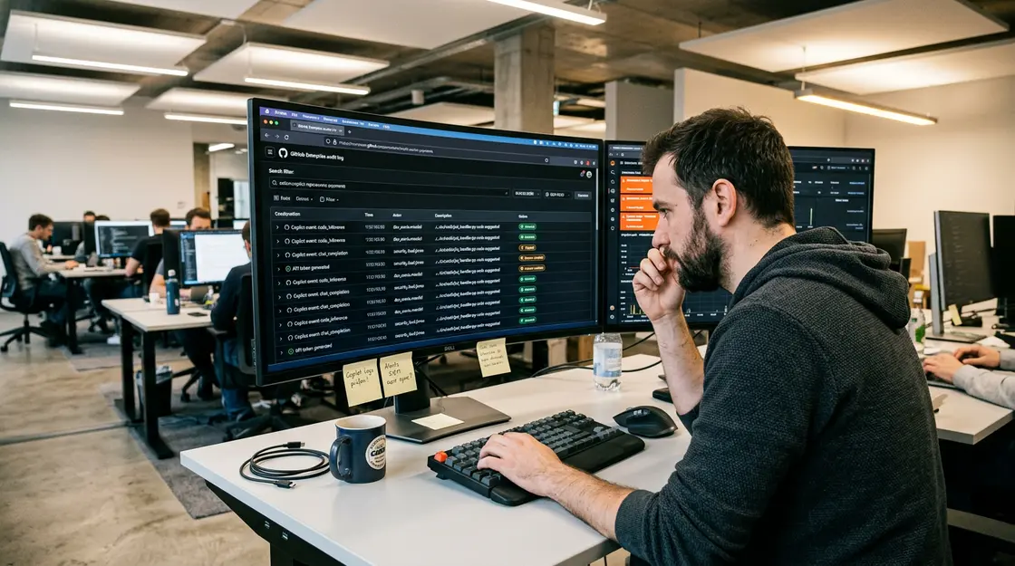 GitHub Copilot, AI Security – Entwickler analysiert GitHub Copilot Audit-Log auf einem Monitor mit SIEM-Dashboard