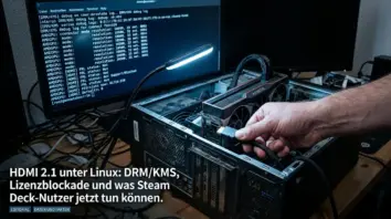 HDMI 2.1, DRM/KMS – HDMI 2.1 Kabel wird an AMD-GPU unter Linux angeschlossen, Terminal zeigt DRM/KMS Ausgabe