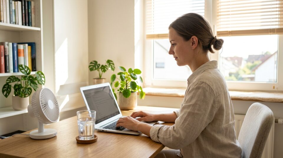 Hitze im Büro Ratgeber mit Ventilator und Wasser
