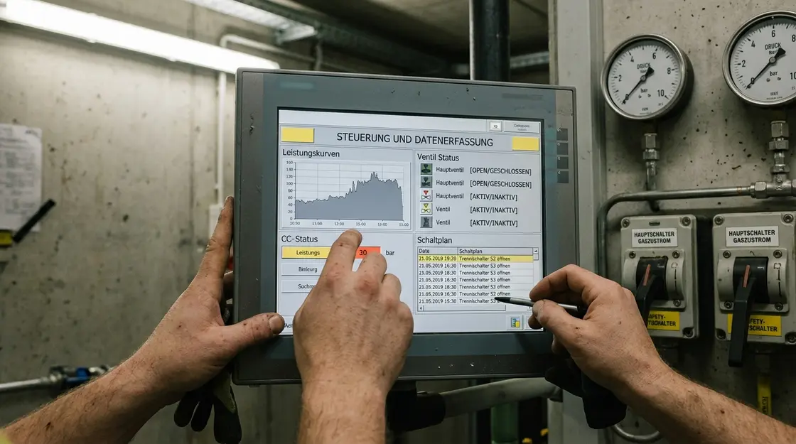 Techniker bedient SCADA-Terminal in einer Energieverteilstation – Hochrisiko-KI-Kontext