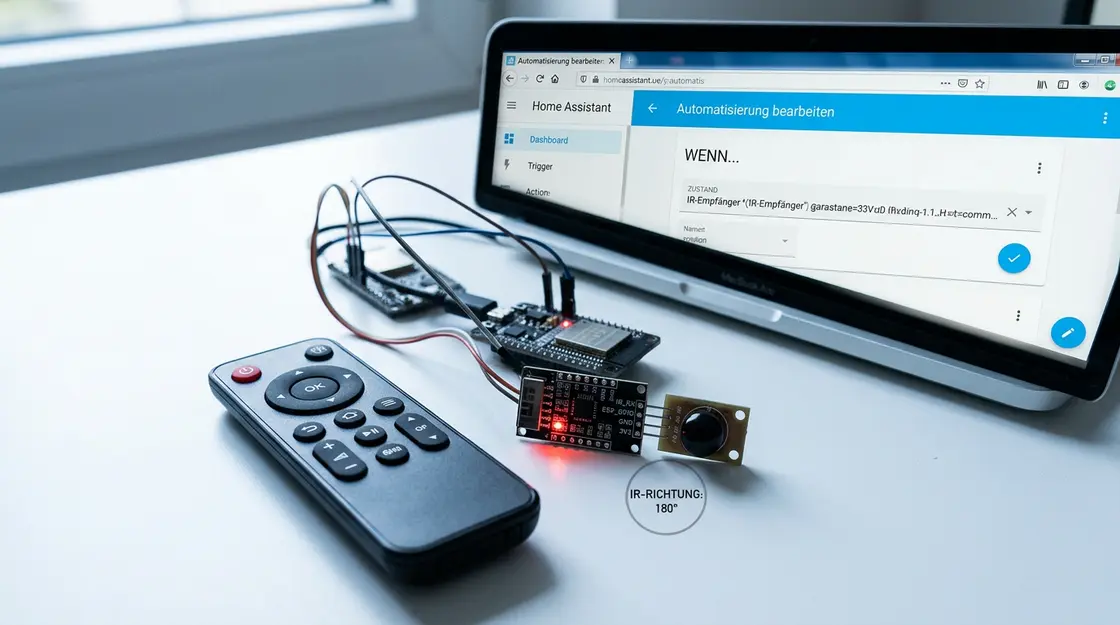 IR-Fernbedienung und ESP32-IR-Empfänger neben Home-Assistant-Automationseditor