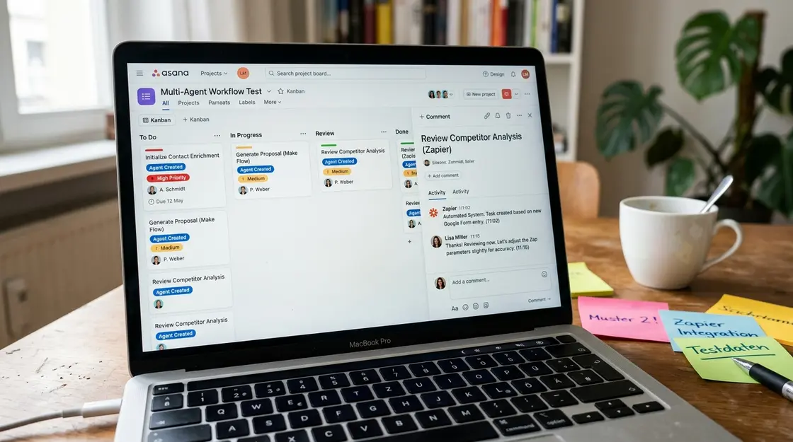 Asana-Board mit automatisch erstellten Agent-Tasks und Human-in-the-loop Kommentaren