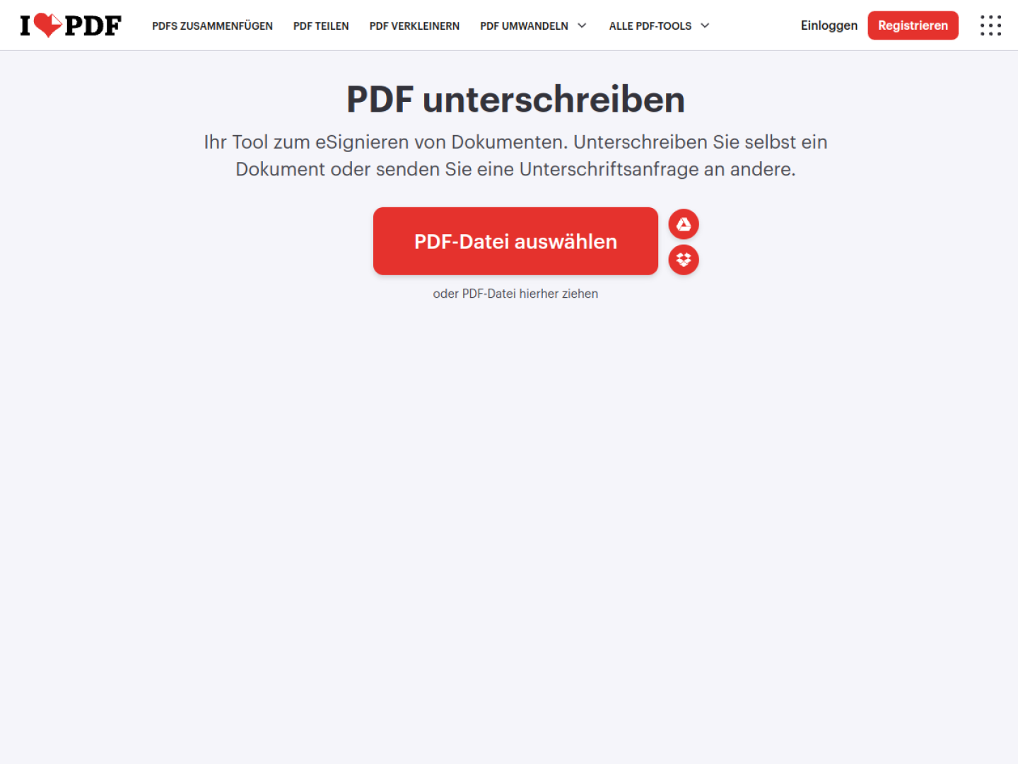 PDF digital signieren: Der ultimative Ratgeber für rechtssichere elektronische Unterschriften Screenshot der iLovePDF Website für PDF digital signieren