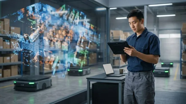 Digitale Zwillinge und KI-gestützte Simulation in einer Industriehalle
