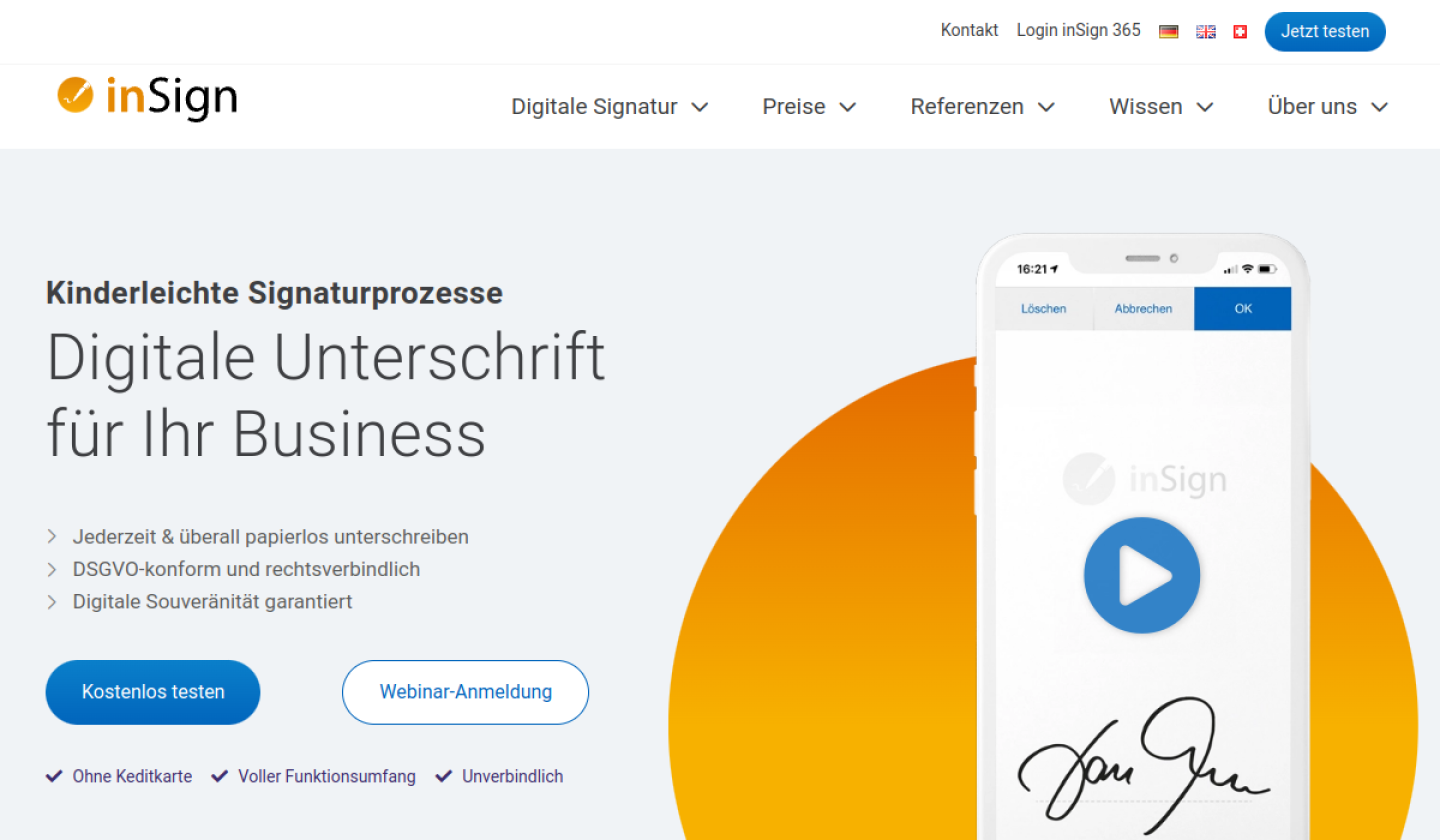 PDF digital signieren: Der ultimative Ratgeber für rechtssichere elektronische Unterschriften Screenshot der inSign Website für PDF digital signieren