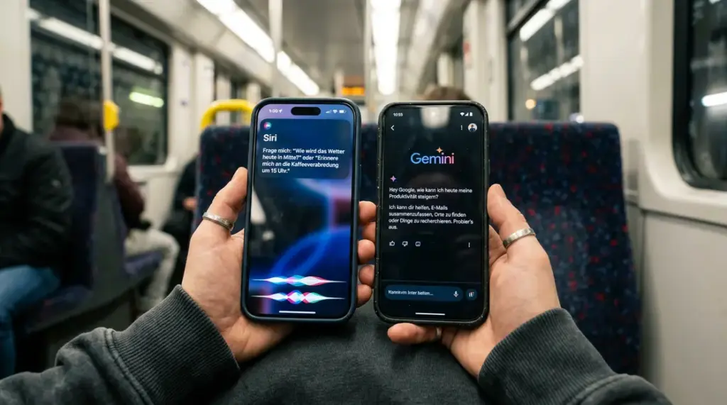 iOS 26, Android 16 – iPhone mit iOS 26 und Android-Smartphone mit KI-Assistent auf beiden Displays