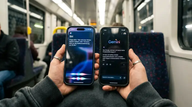 iOS 26, Android 16 – iPhone mit iOS 26 und Android-Smartphone mit KI-Assistent auf beiden Displays