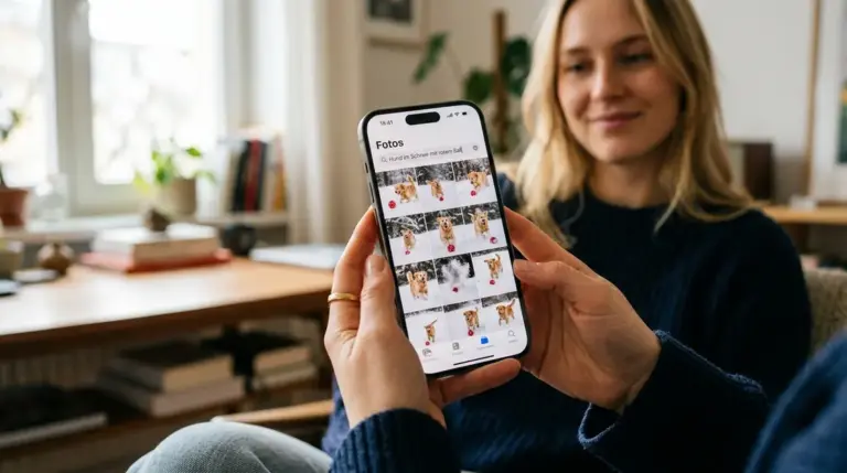 iOS 26, Apple Intelligence – iPhone 16 Pro mit geöffneter Fotos-App und Apple Intelligence Sprachsuche unter iOS 26