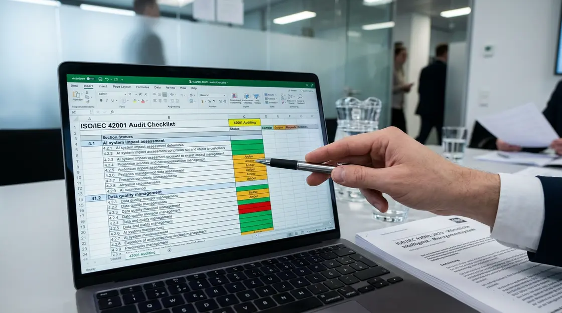 ISO 42001 Audit-Checkliste auf Laptop-Bildschirm bei KI-Managementsystem-Prüfung
