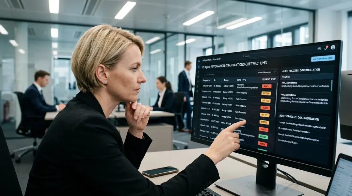KI-Agenten Finance, Compliance-Automation – Compliance-Mitarbeiterin prüft KI-Agenten-Dashboard mit Audit-Trail in einer Bankfiliale