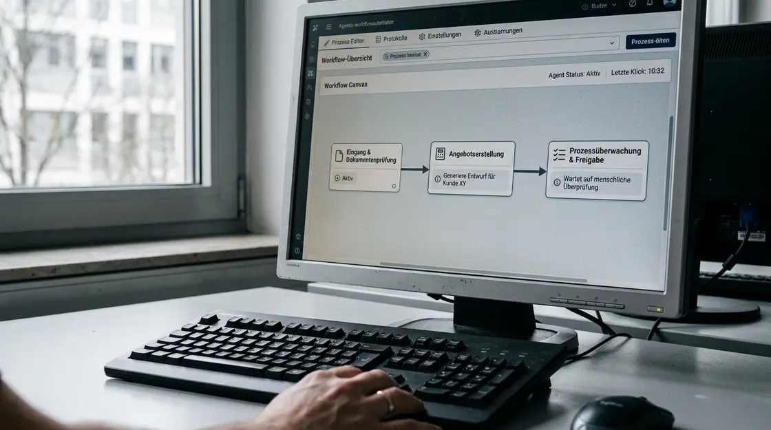 Multi-Agenten-Workflow auf Bürobildschirm mit deutschen Prozess-Labels