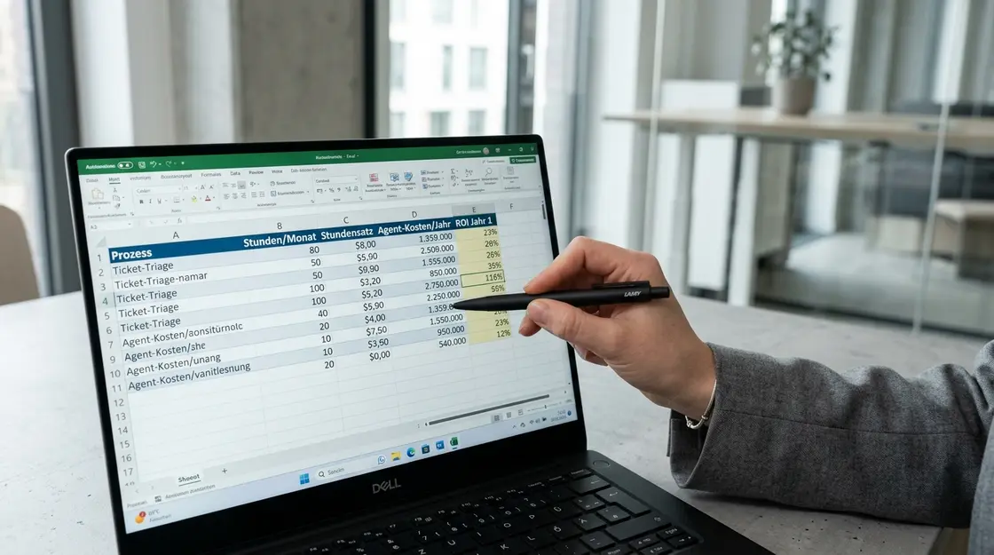 ROI-Berechnung für KI-Agenten Use Case Ticket-Triage in Excel-Tabelle