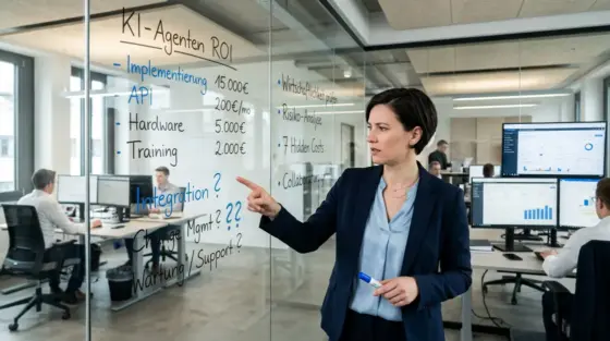 KI-Agenten ROI, Enterprise Automation – KI-Agenten ROI Kalkulation im Mittelstand mit Hidden Costs auf Whiteboard
