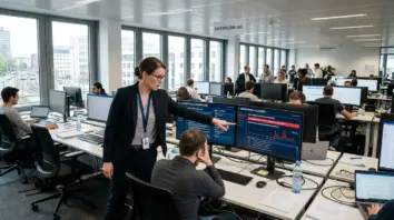 KI-Agenten Security, Governance – KI-Agenten Security: Compliance-Mitarbeiterin analysiert Agenten-Logs mit Fehlermeldungen