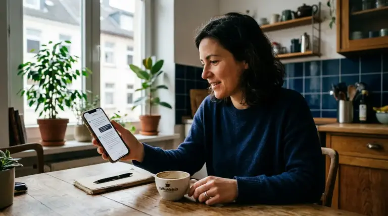 KI Apps, ChatGPT – Frau nutzt ChatGPT KI App auf dem Smartphone am Küchentisch