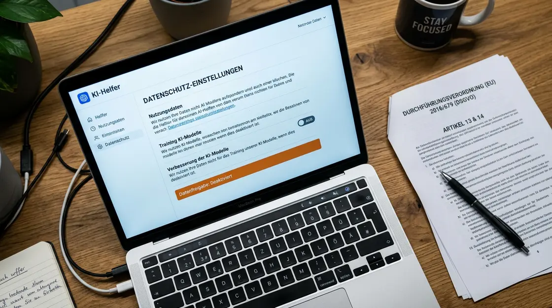 Datenschutz-Einstellungen einer KI-App auf Laptop-Bildschirm
