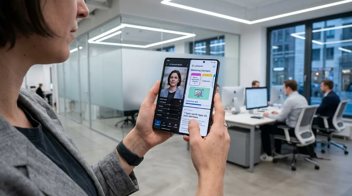 KI-Apps Foto, KI-Apps Bildung – Smartphone mit KI-Apps für Fotobearbeitung und Bildung nebeneinander im App-Store-Vergleich