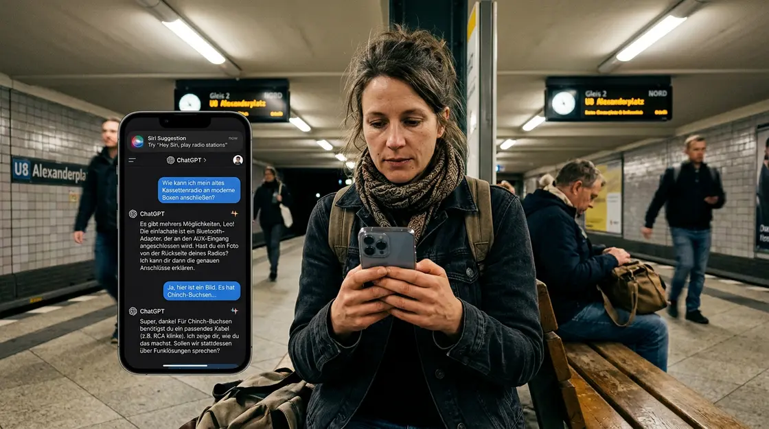 KI-Apps, Sprachassistenten – Person nutzt KI-App statt Siri auf dem iPhone in der U-Bahn