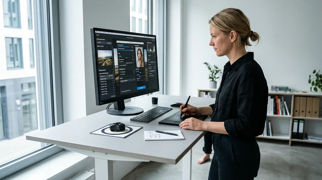 Designer nutzt KI-Bildbearbeitung mit Batch-Workflow auf professionellem Monitor