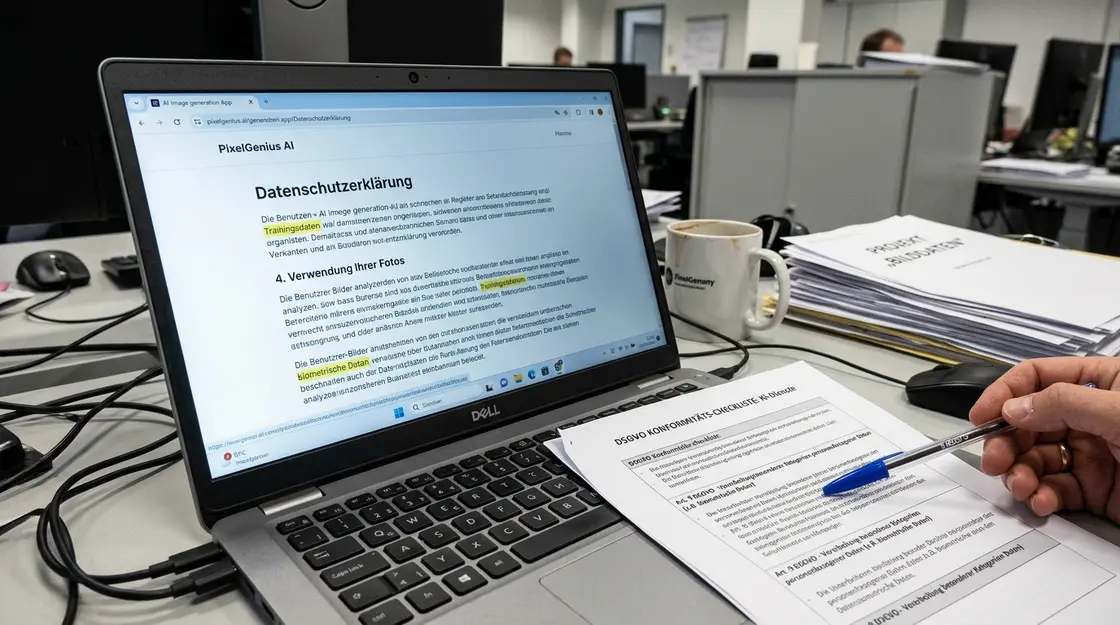 Laptop zeigt Datenschutzbestimmungen einer KI-Bilder-App mit markierten DSGVO-Klauseln