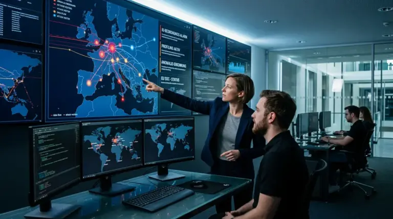 KI-Cyberkriminalität, EU-Cyberaufsicht – EU-Cyberaufsicht Analystin vor Bedrohungsmonitoren – KI-Cyberkriminalität Lagebild