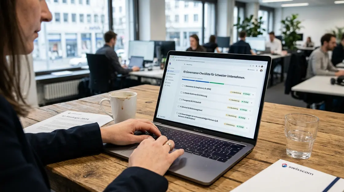 Laptop-Bildschirm zeigt einen KI-Governance-Check in einem Schweizer Büro