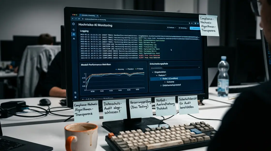 Entwickler-Monitor zeigt KI-Logging-Dashboard für Hochrisiko-Systeme