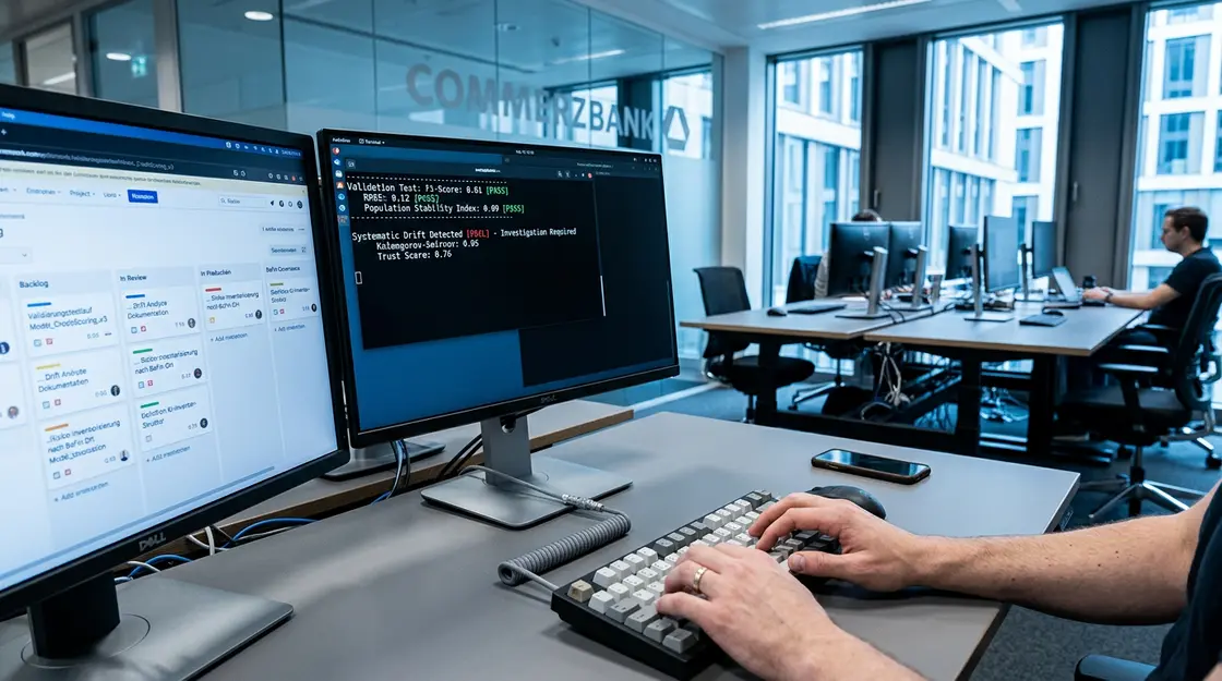 IT-Entwickler in einer Bank führt KI-Modellvalidierung mit Python-Tests und Drift-Monitoring durch