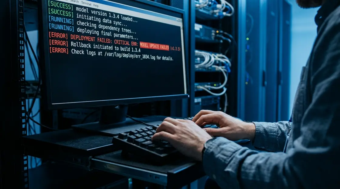 Entwickler in Server-Raum bei KI-Software-Update mit Fehlermeldung – Produkthaftung für KI
