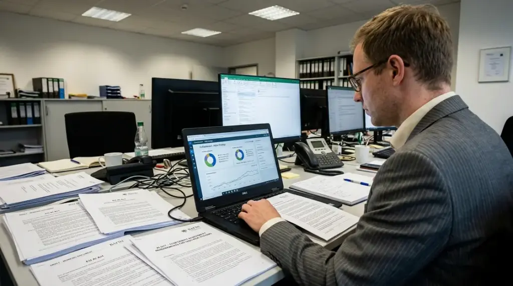 KI-Regulierung, Robo-Advisor – Compliance-Officer prüft KI-Regulierung für Robo-Advisor am Laptop