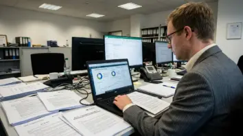 KI-Regulierung, Robo-Advisor – Compliance-Officer prüft KI-Regulierung für Robo-Advisor am Laptop