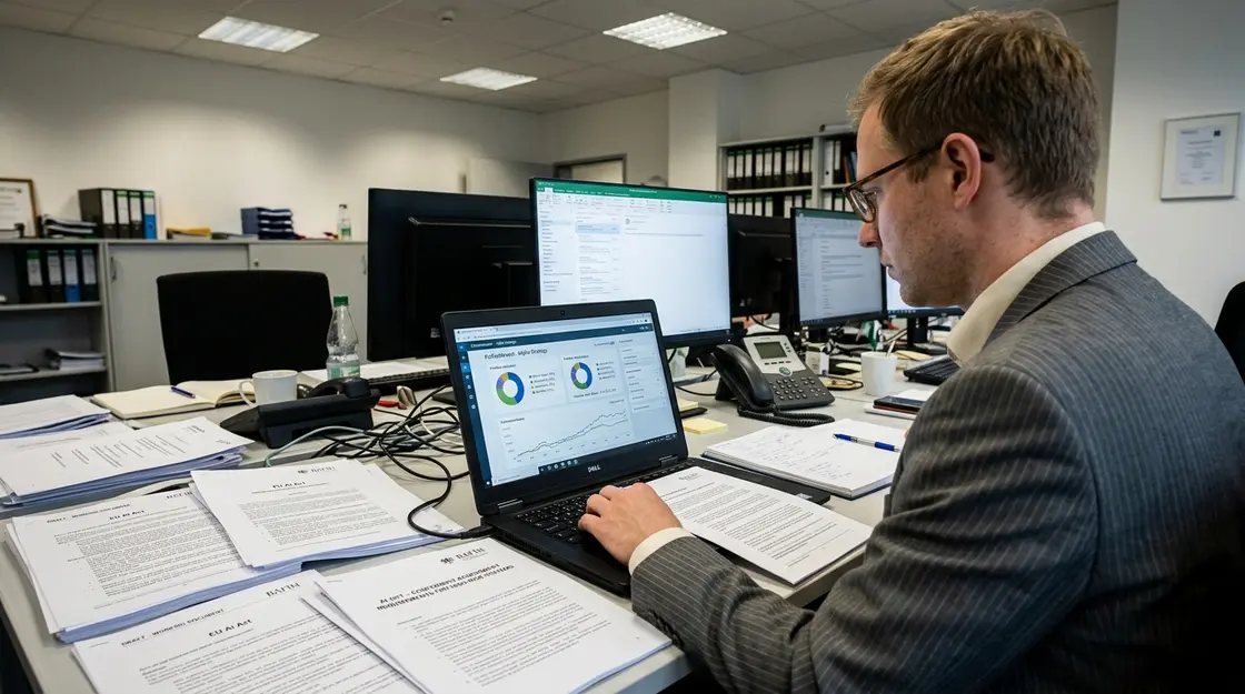 KI-Regulierung, Robo-Advisor – Compliance-Officer prüft KI-Regulierung für Robo-Advisor am Laptop