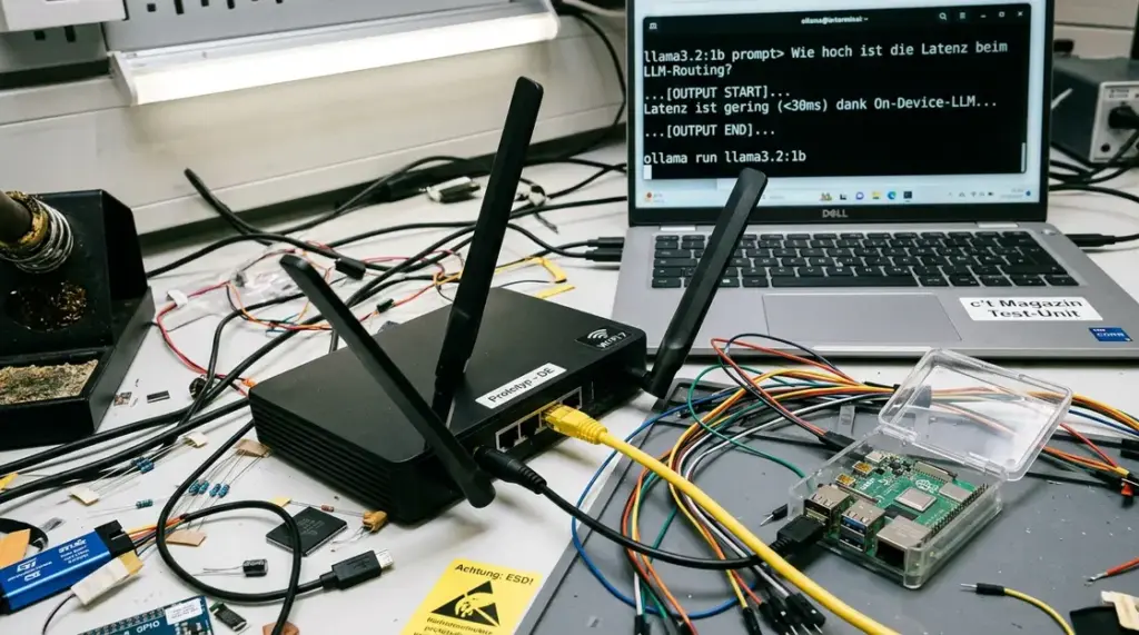 KI-Router, Wi-Fi 7 – Wi-Fi 7 KI-Router auf Werkbank mit Edge-Board und Ollama-Terminal
