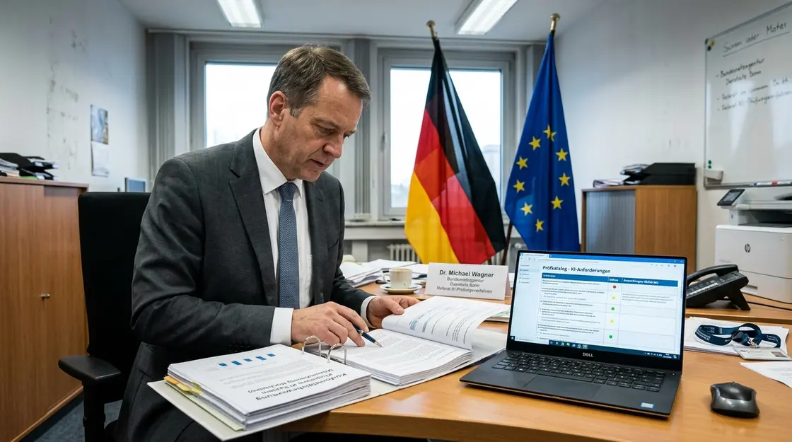 KI-Sicherheitsaudits, Marktüberwachung – Behördenmitarbeiterin prüft Konformitätsdokumentation für KI-Sicherheitsaudits