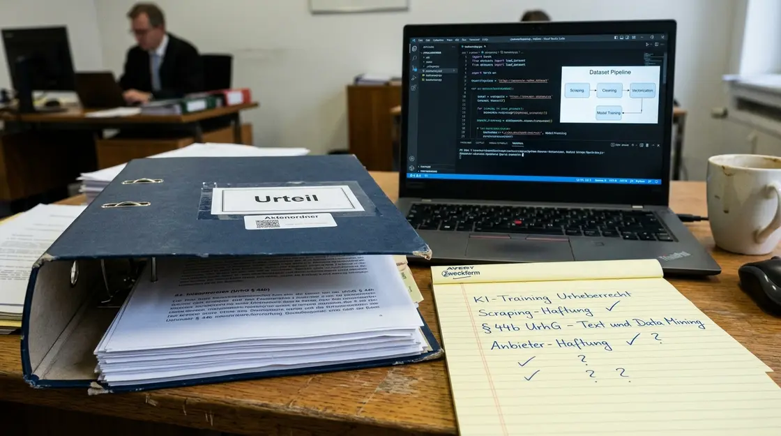 KI-Training Urheberrecht, Scraping-Haftung – Gerichtsurteil zu KI-Training Urheberrecht auf Schreibtisch neben Laptop mit Code