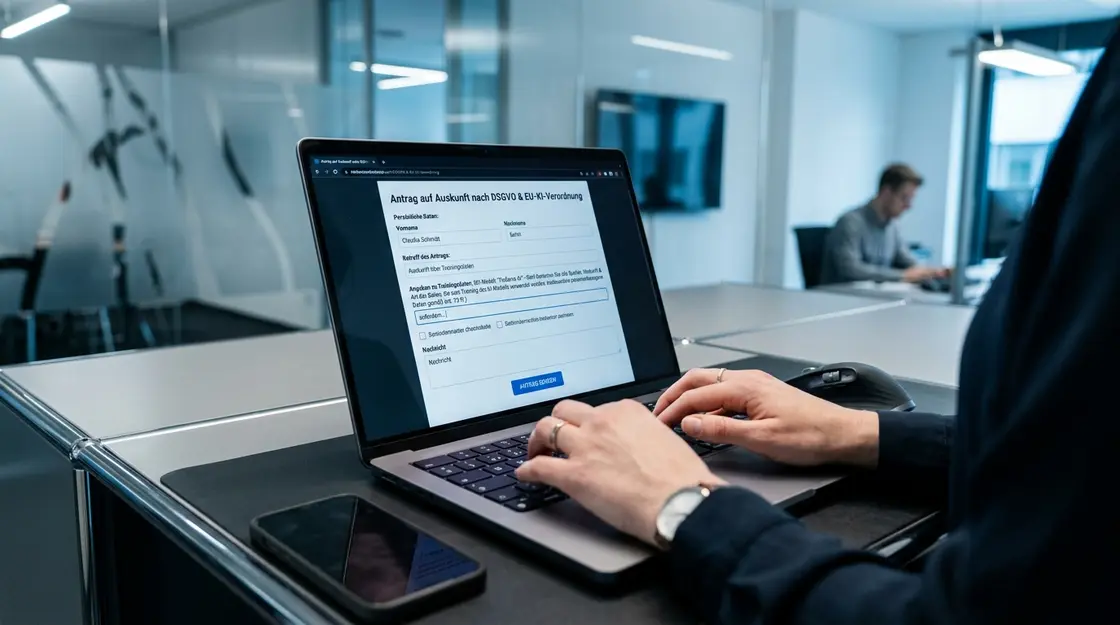Laptop-Bildschirm mit DSGVO-Auskunftsanfrage-Formular zu KI-Trainingsdaten