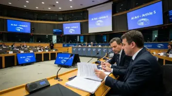 KI-Verbotsnormen, Deepfakes – KI-Verbotsnormen AI Act Artikel 5 im EU-Parlament – Compliance-Dokumente auf dem Tisch