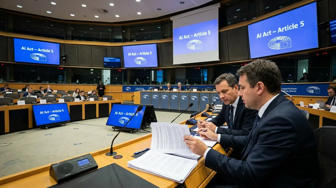 KI-Verbotsnormen, Deepfakes – KI-Verbotsnormen AI Act Artikel 5 im EU-Parlament – Compliance-Dokumente auf dem Tisch