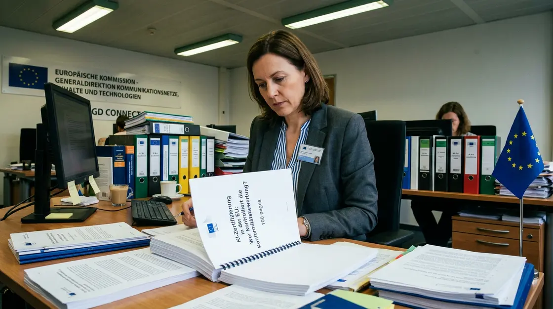 KI-Zertifizierung, Konformitätsbewertung – Compliance-Beamter prüft KI-Zertifizierungsunterlagen im EU-Regulierungsbüro