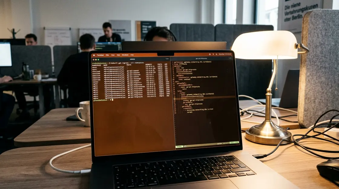 Terminal zeigt Ingress-Nginx-Inventur und Gateway-API-Migration in Kubernetes 1.36