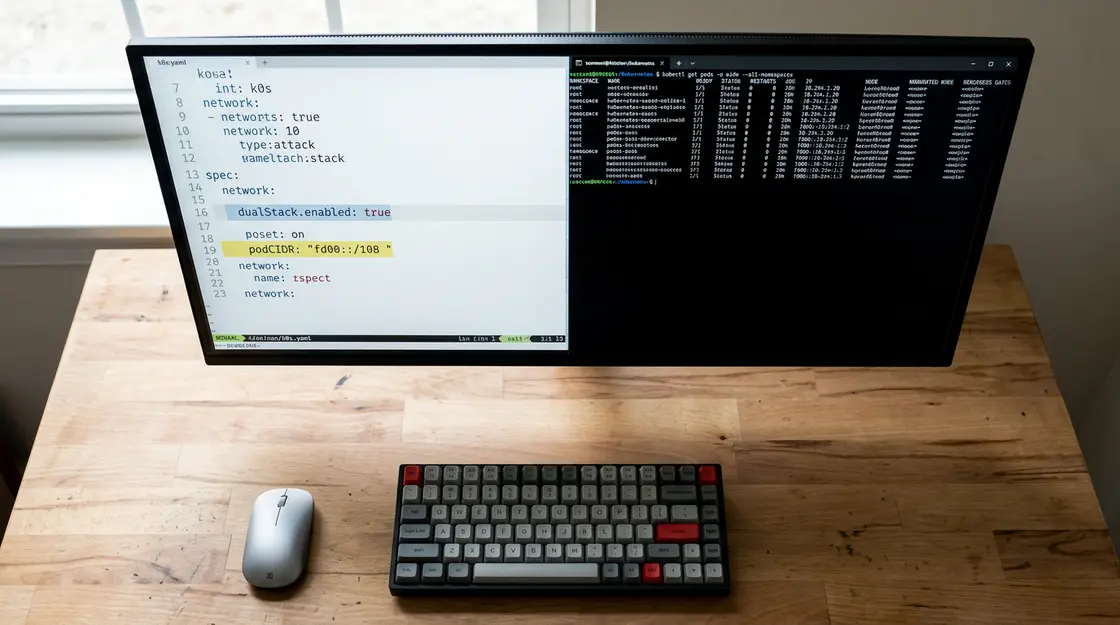k0s YAML Dual-Stack Konfiguration mit IPv6-CIDR im Terminal