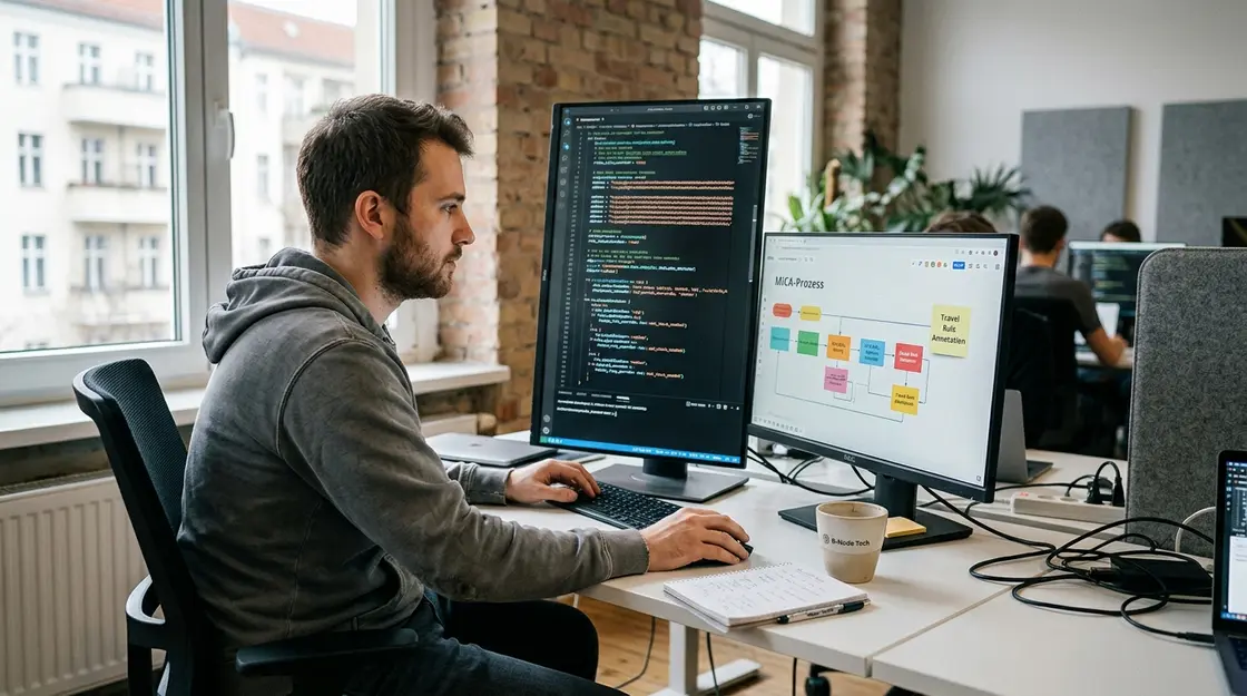 Entwickler prüft KYC AML Code für MiCA-konforme Neo-Broker Plattform