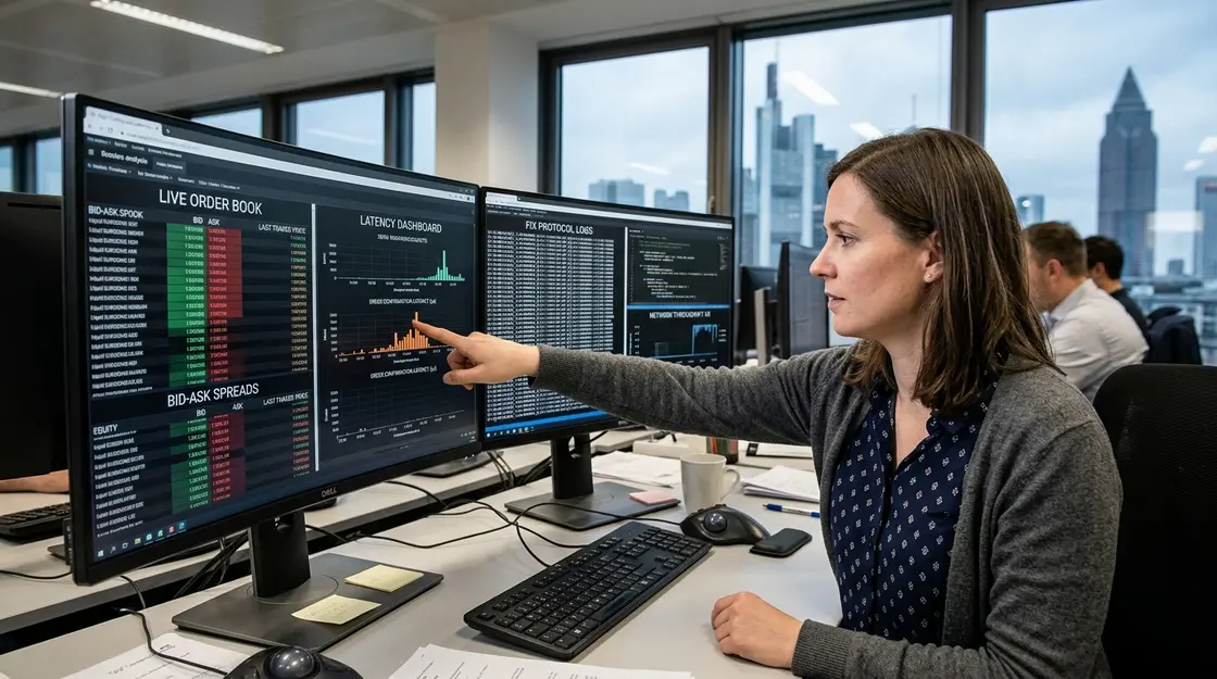 Analystin zeigt Latenz-Dashboard mit Mikrosekunden-Zeitstempeln auf Trading-Monitor