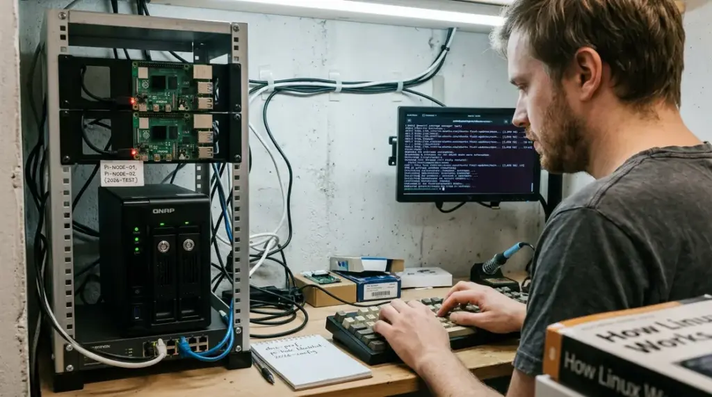 Linux Distributionen, Open Source – Person administriert Linux-Server an Terminal mit Paketmanager-Ausgabe