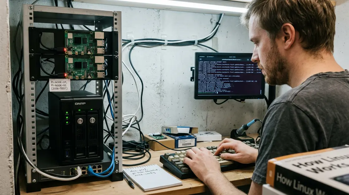 Linux Distributionen, Open Source – Person administriert Linux-Server an Terminal mit Paketmanager-Ausgabe