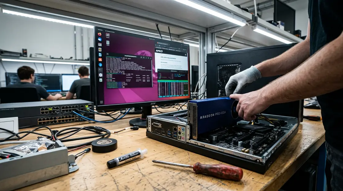 AMD GPU in PC eingebaut mit Ubuntu ROCm Terminal im Hintergrund